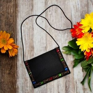 Stylish Carolyne Barton Black Crossbody Bag with Gold & Multicolor Accents 8"×6"